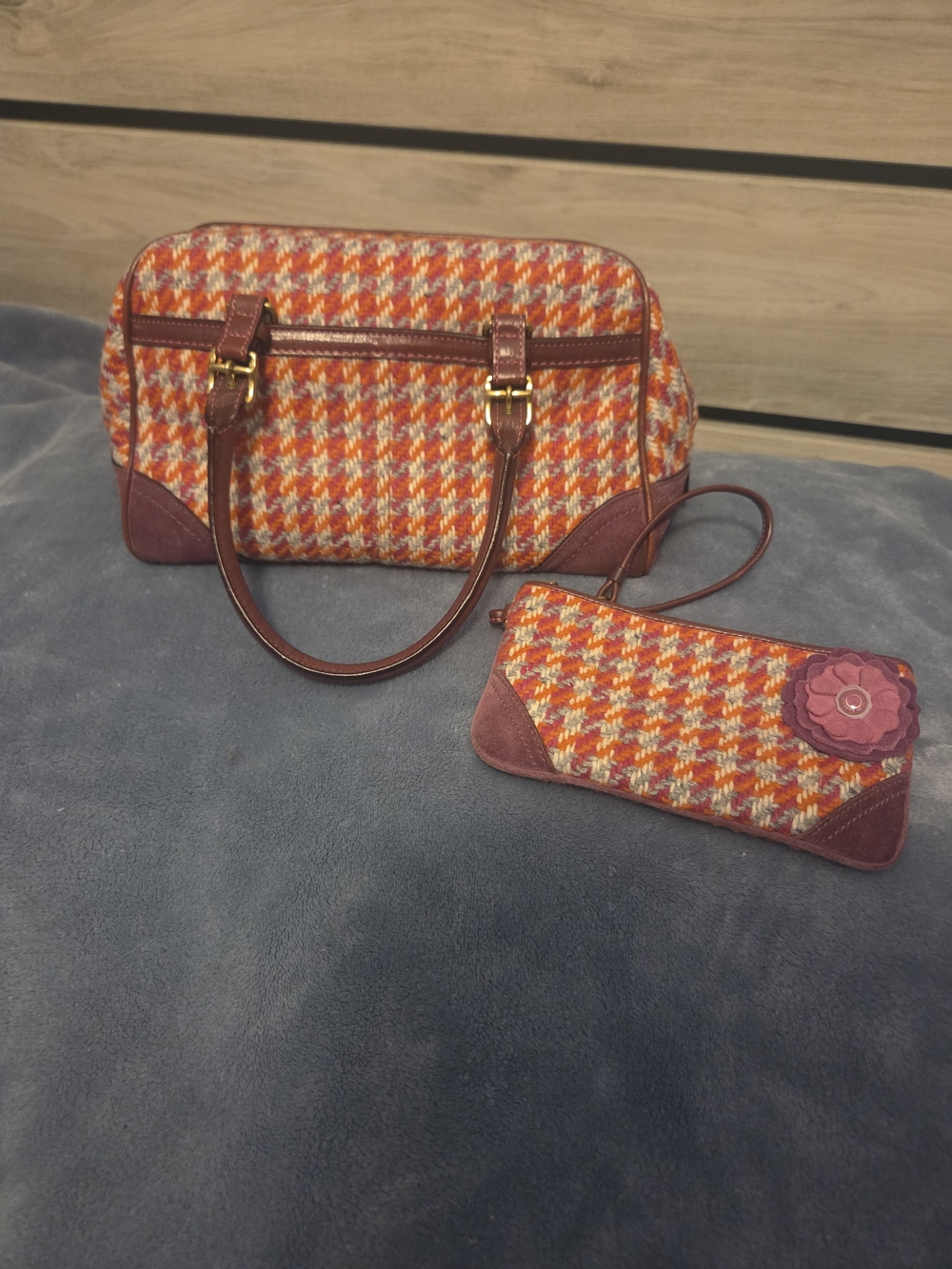 Vintage Coach Hamptons Houndstooth Tweedand Suede Satchel and Wristlet Set Plaid